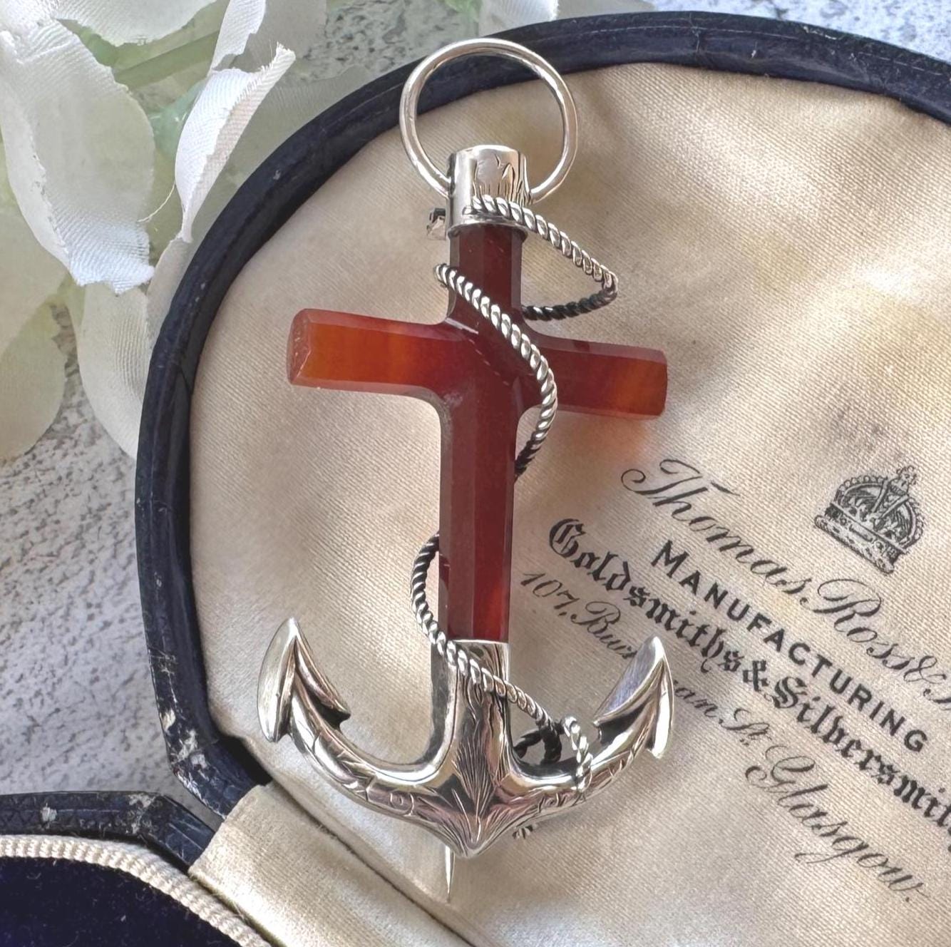 Victorian Scottish Banded Agate Cross & Fouled Anchor Silver Brooch