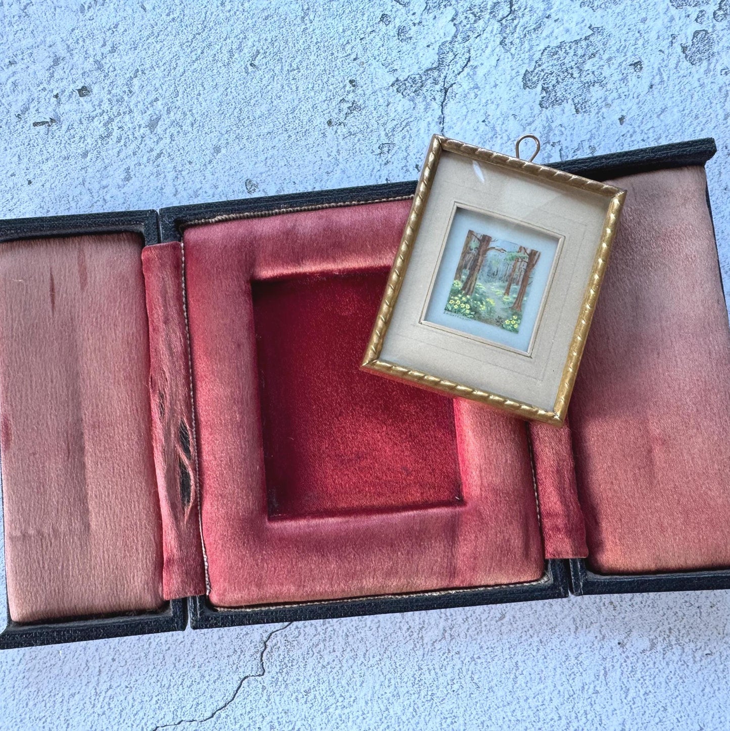 Antique French Gilt Minature Landscape Painting In Original Moseley Ware Fitted Cabinet Case