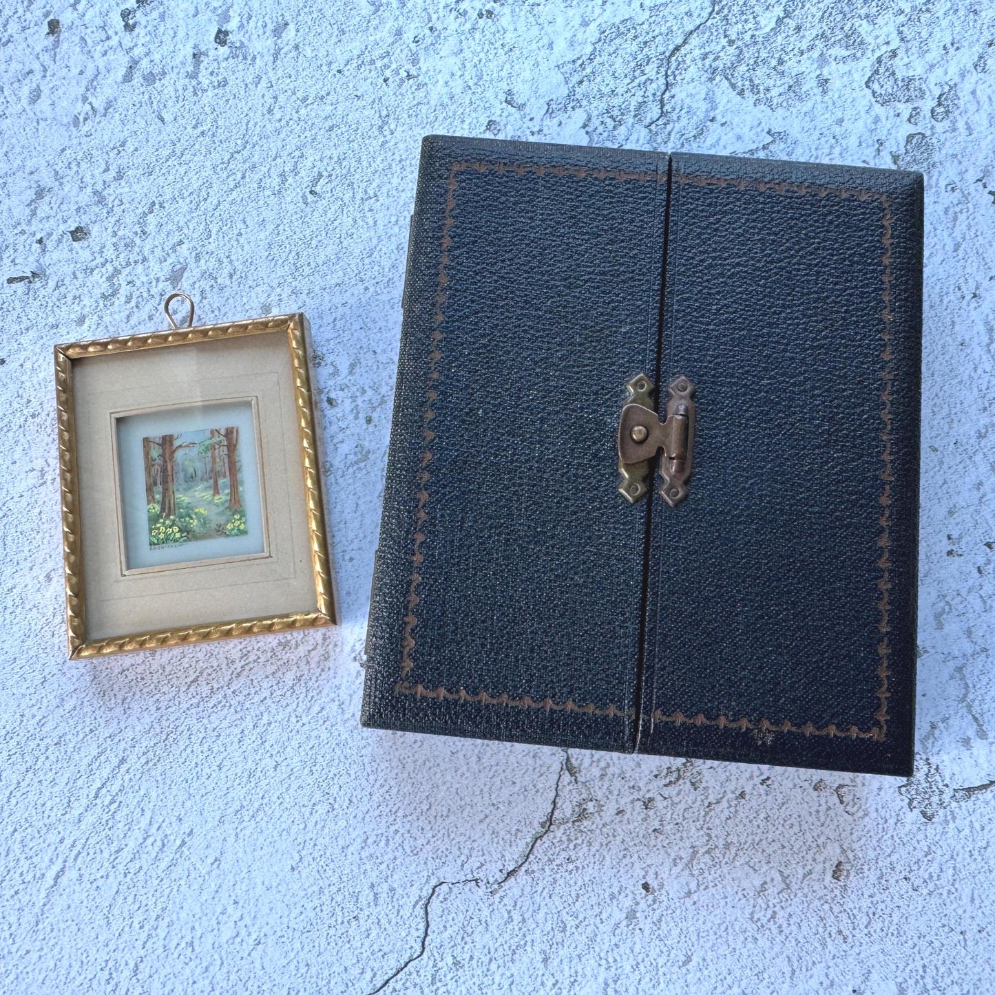 Antique French Gilt Minature Landscape Painting In Original Moseley Ware Fitted Cabinet Case