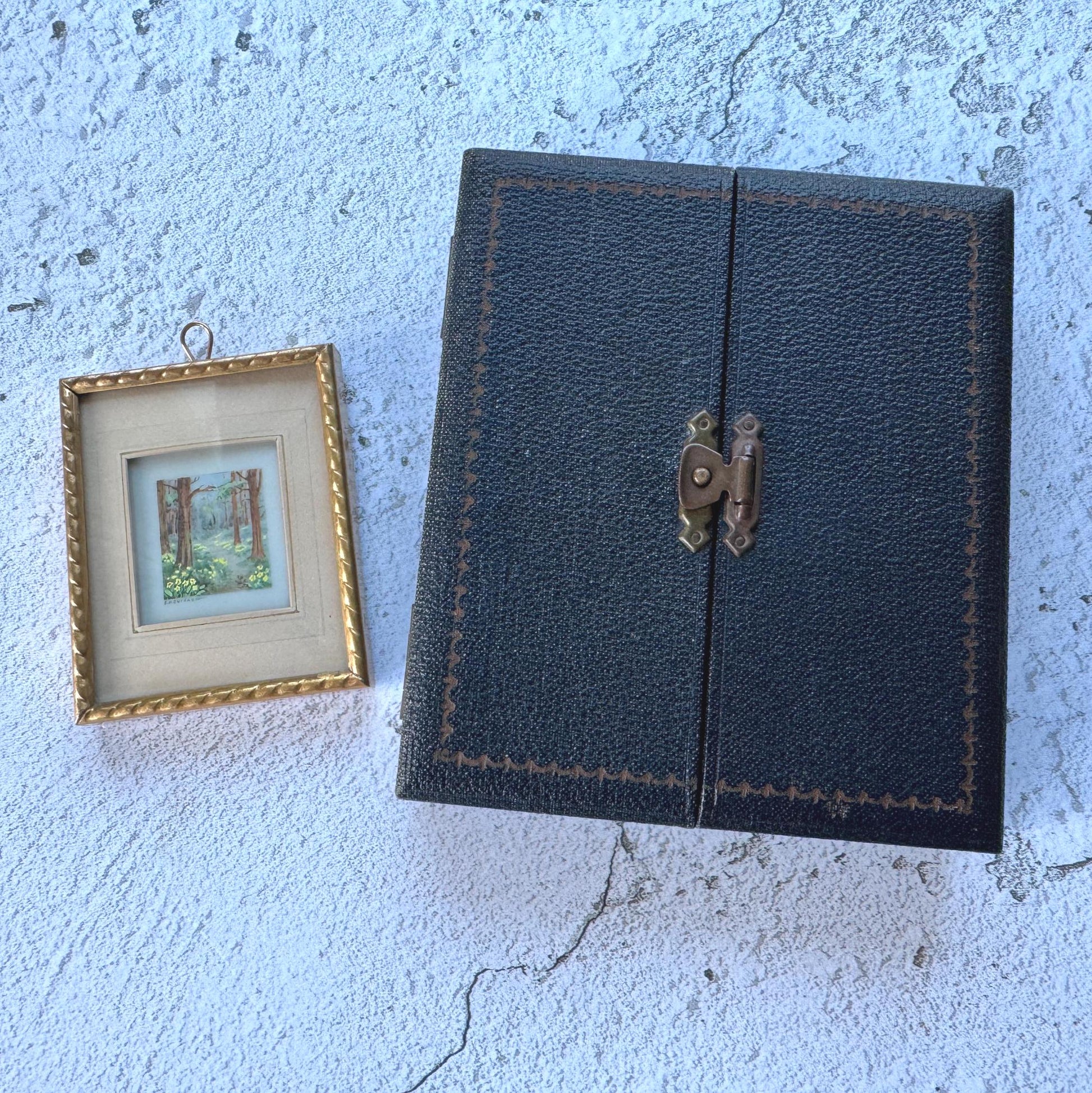 Antique French Gilt Minature Landscape Painting In Original Moseley Ware Fitted Cabinet Case