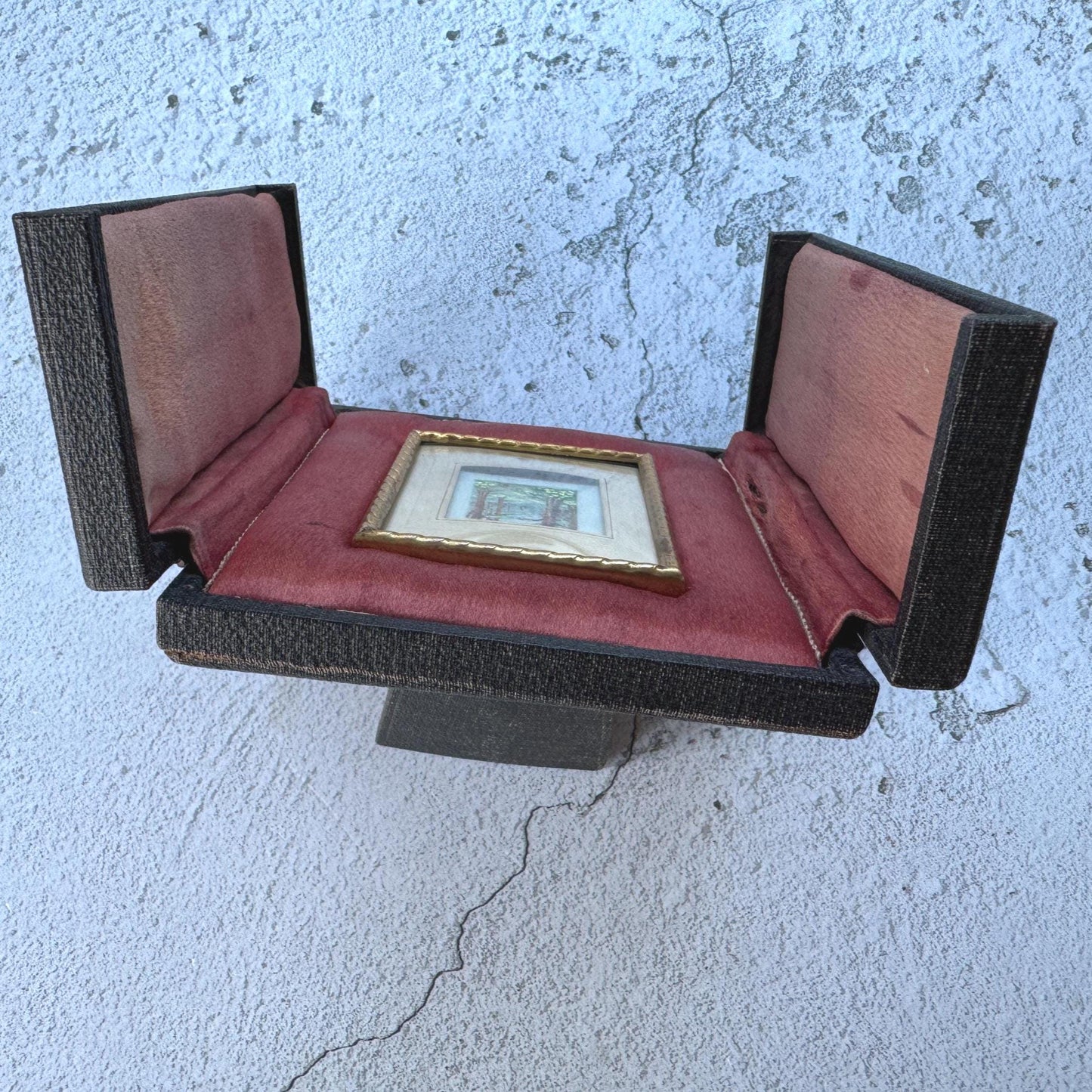 Antique French Gilt Minature Landscape Painting In Original Moseley Ware Fitted Cabinet Case