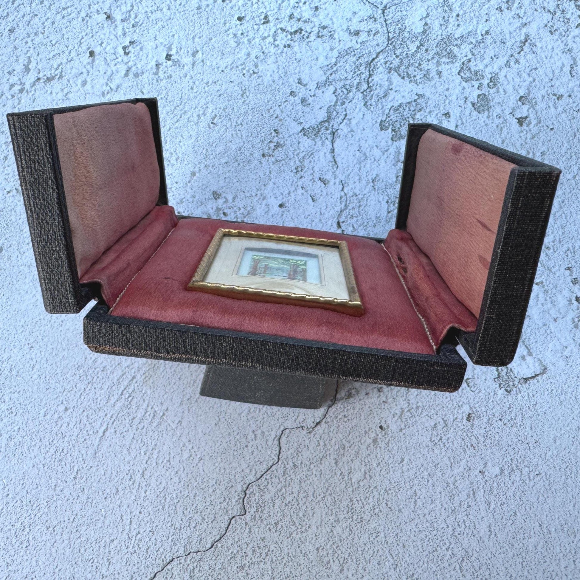 Antique French Gilt Minature Landscape Painting In Original Moseley Ware Fitted Cabinet Case