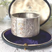 Load image into Gallery viewer, Antique Victorian Aesthetic Engraved Sterling Silver Bangle: 9ct Gold Roses &amp; Leaves
