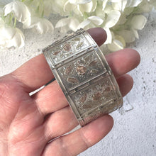 Load image into Gallery viewer, Antique Victorian Aesthetic Engraved Sterling Silver Bangle: 9ct Gold Roses &amp; Leaves
