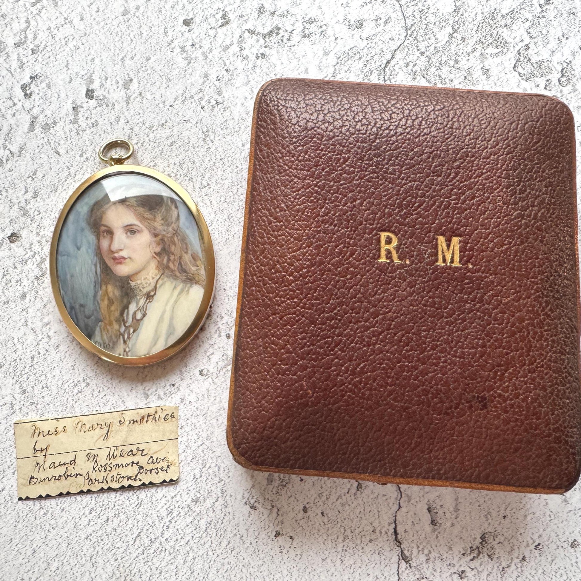 Rare Edwardian Portrait Miniature Pendant by MAUD MARION WEAR: Antique Rolled Gold Locket Frame, Boxed