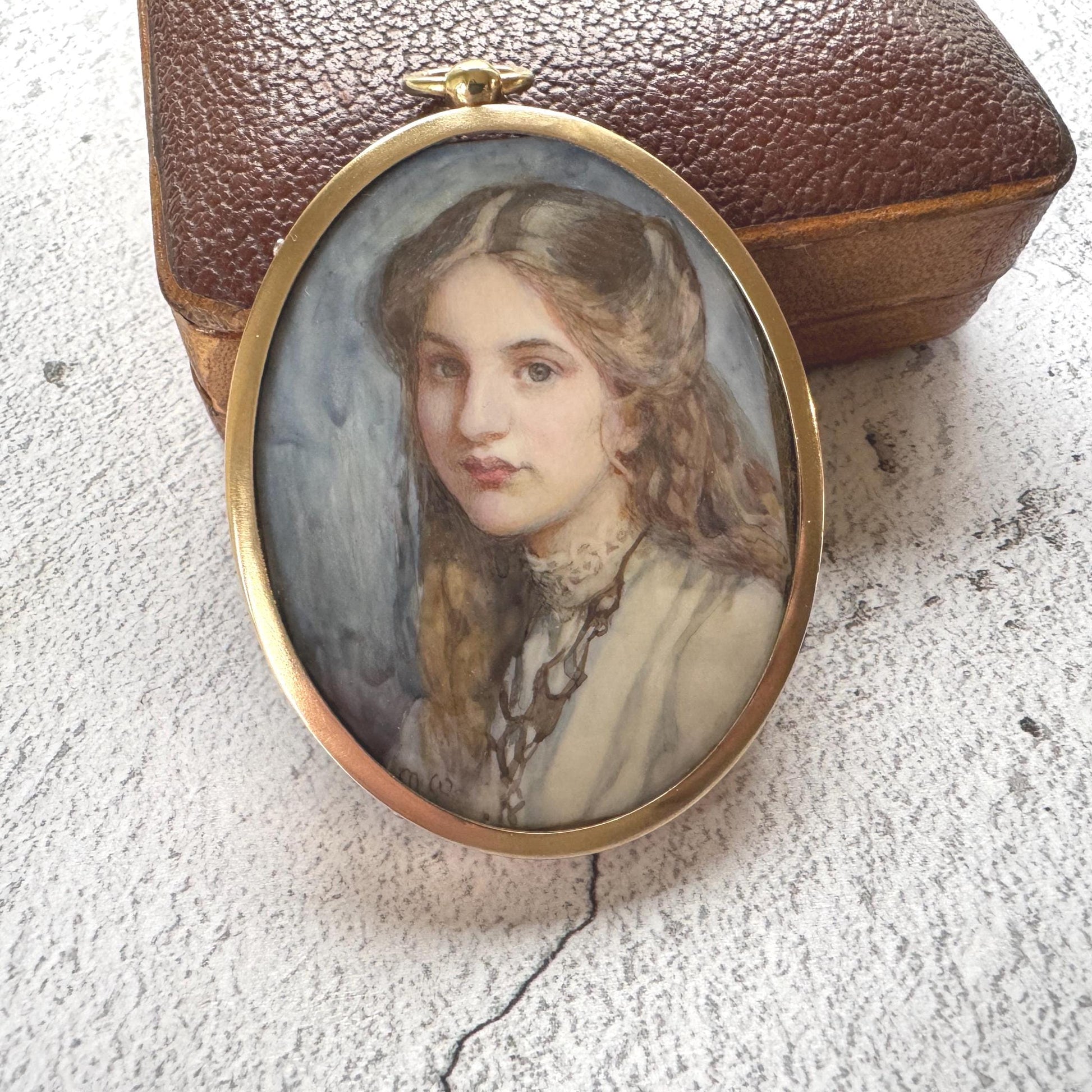 Rare Edwardian Portrait Miniature Pendant by MAUD MARION WEAR: Antique Rolled Gold Locket Frame, Boxed