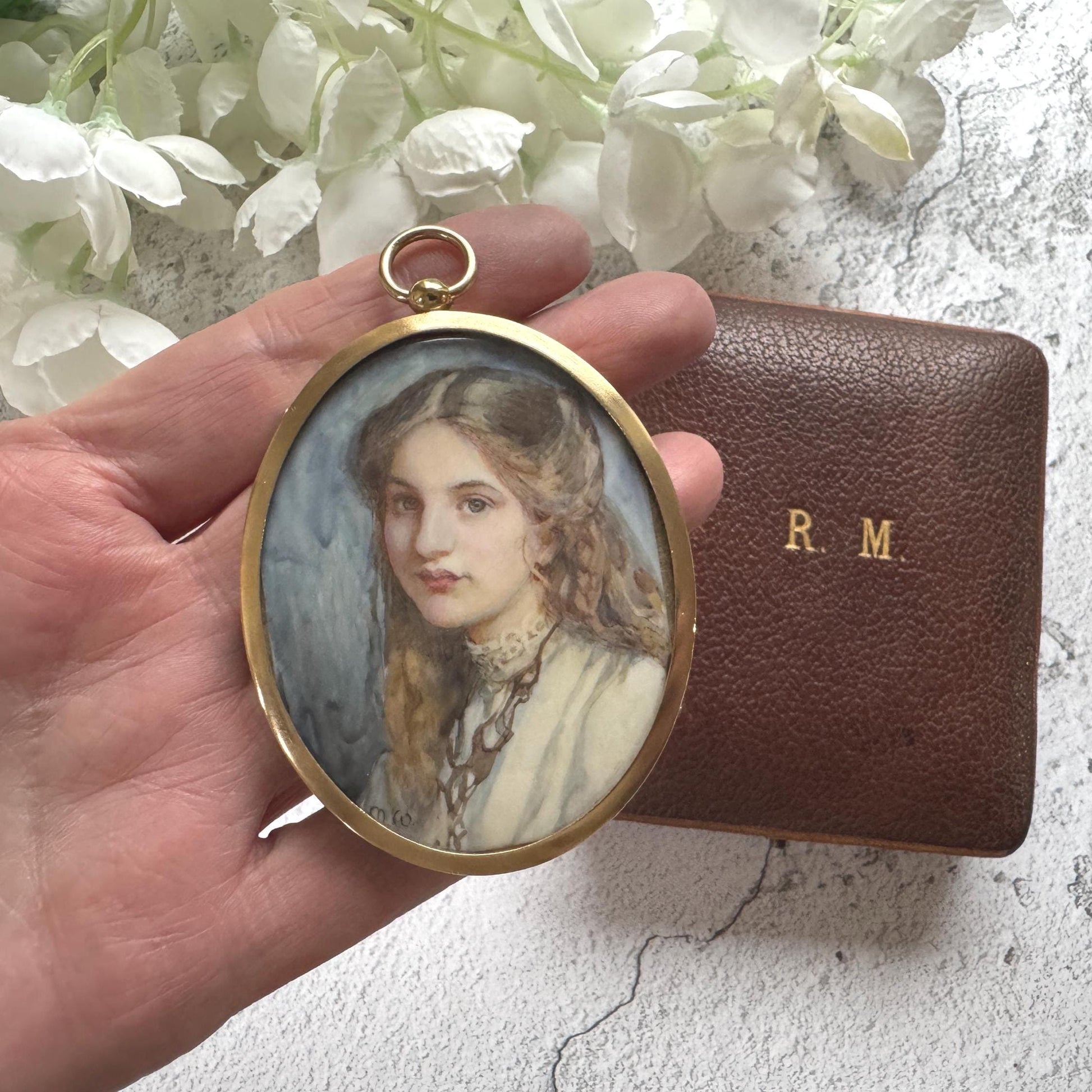 Rare Edwardian Portrait Miniature Pendant by MAUD MARION WEAR: Antique Rolled Gold Locket Frame, Boxed