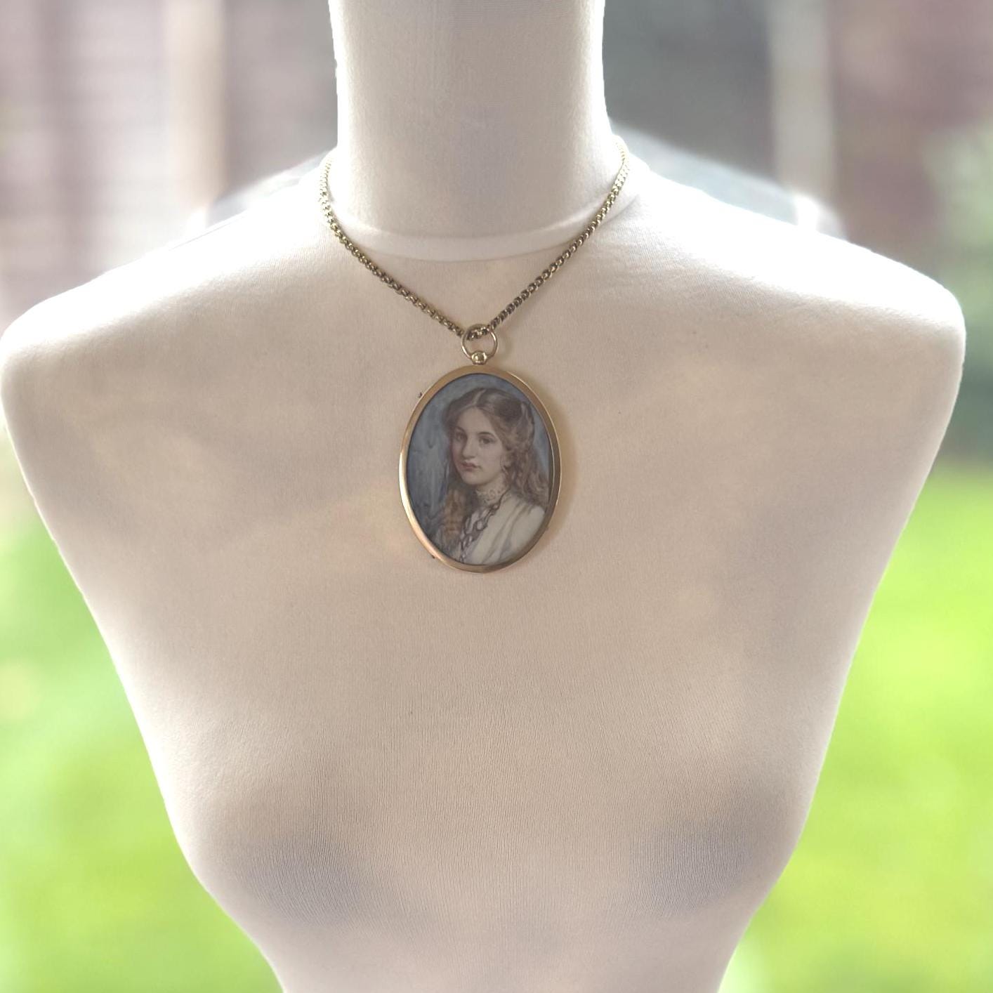 Rare Edwardian Portrait Miniature Pendant by MAUD MARION WEAR: Antique Rolled Gold Locket Frame, Boxed