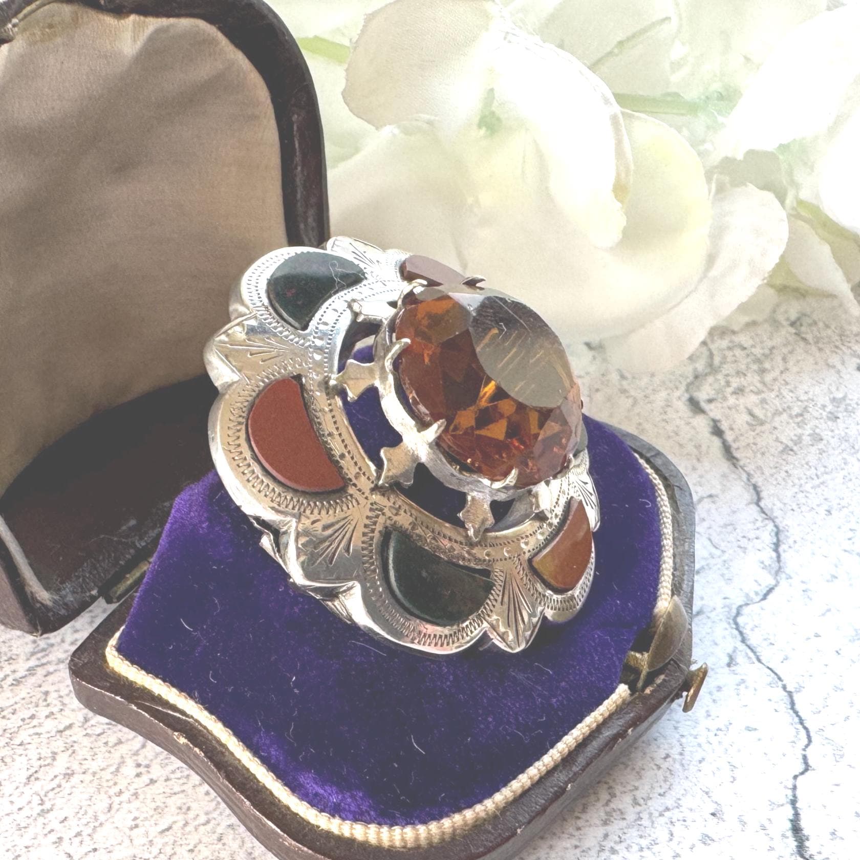 Victorian Scottish Agate & Citrine Brooch: Antique Engraved Sterling Silver Cairngorm Lapel Pin