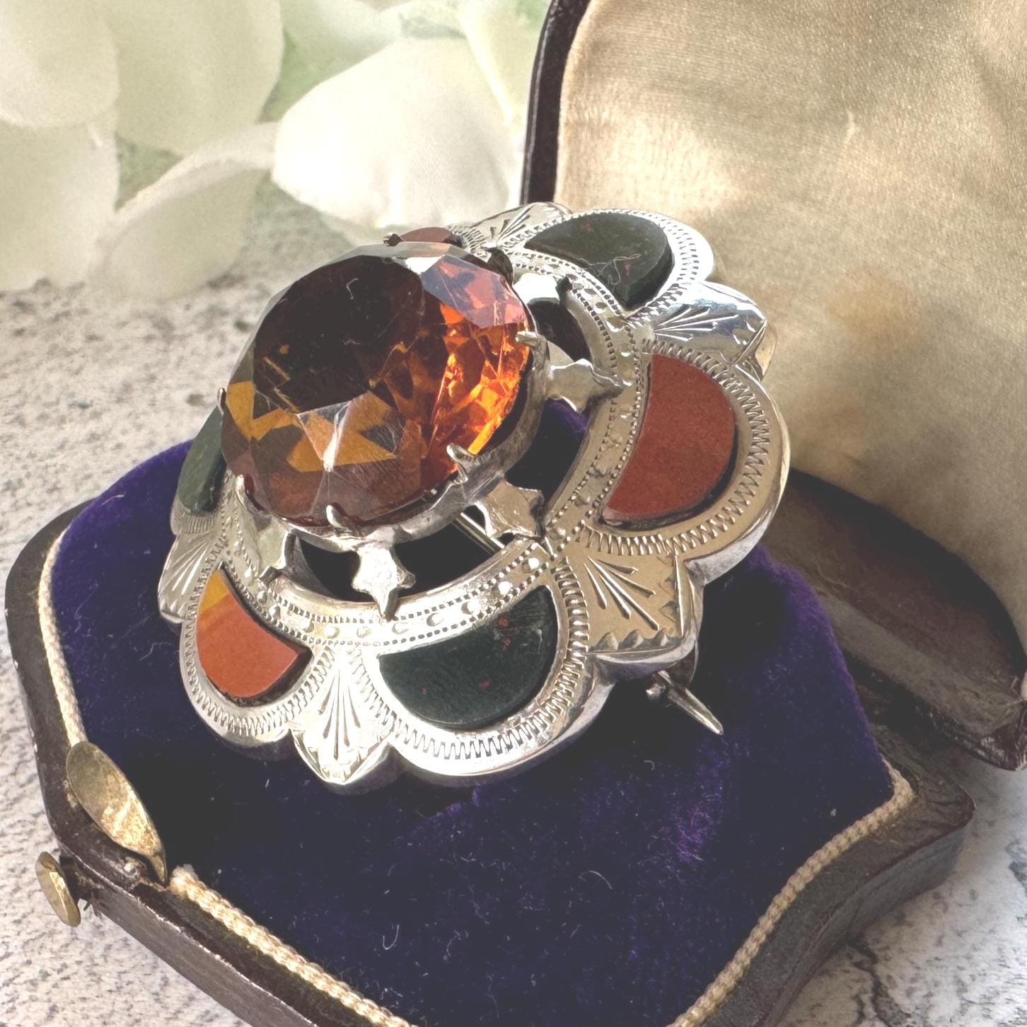 Victorian Scottish Agate & Citrine Brooch: Antique Engraved Sterling Silver Cairngorm Lapel Pin