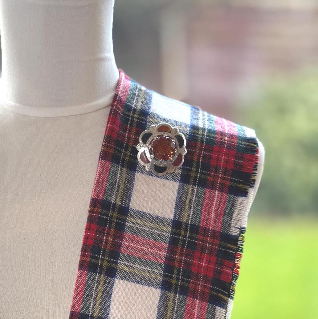 Victorian Scottish Agate & Citrine Brooch: Antique Engraved Sterling Silver Cairngorm Lapel Pin
