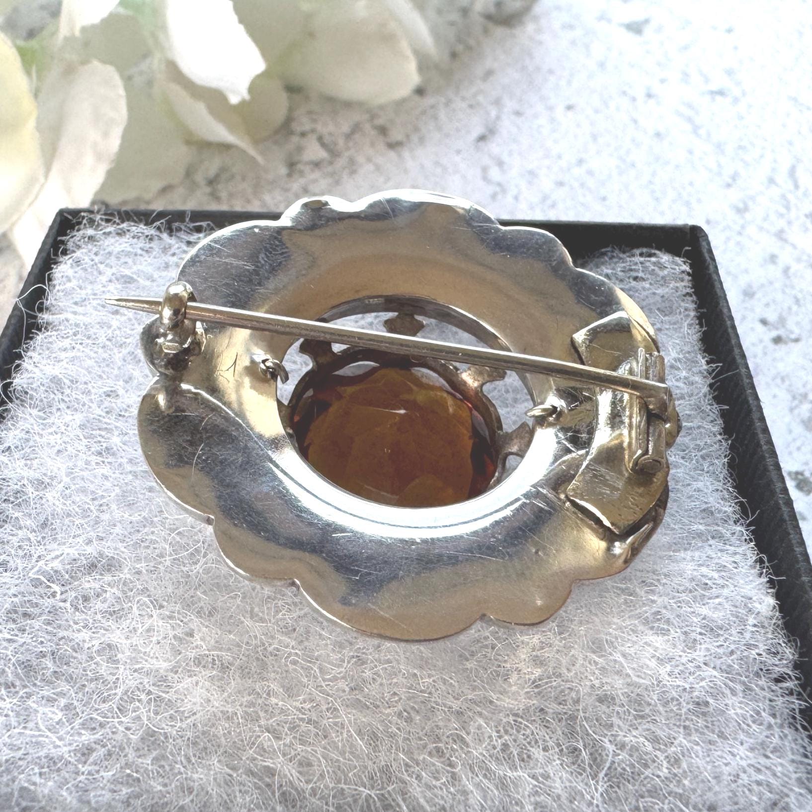 Victorian Scottish Agate & Citrine Brooch: Antique Engraved Sterling Silver Cairngorm Lapel Pin