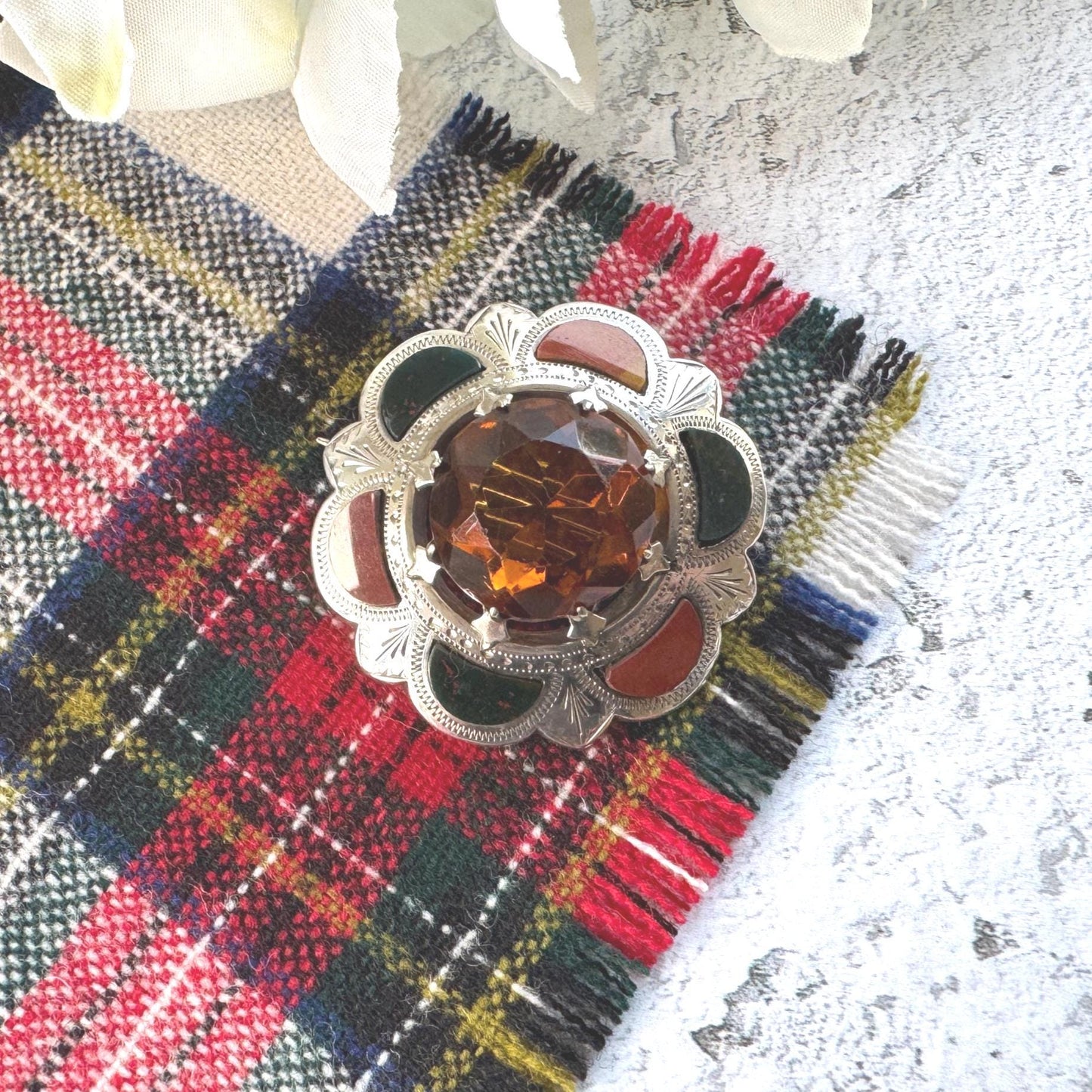 Victorian Scottish Agate & Citrine Brooch: Antique Engraved Sterling Silver Cairngorm Lapel Pin