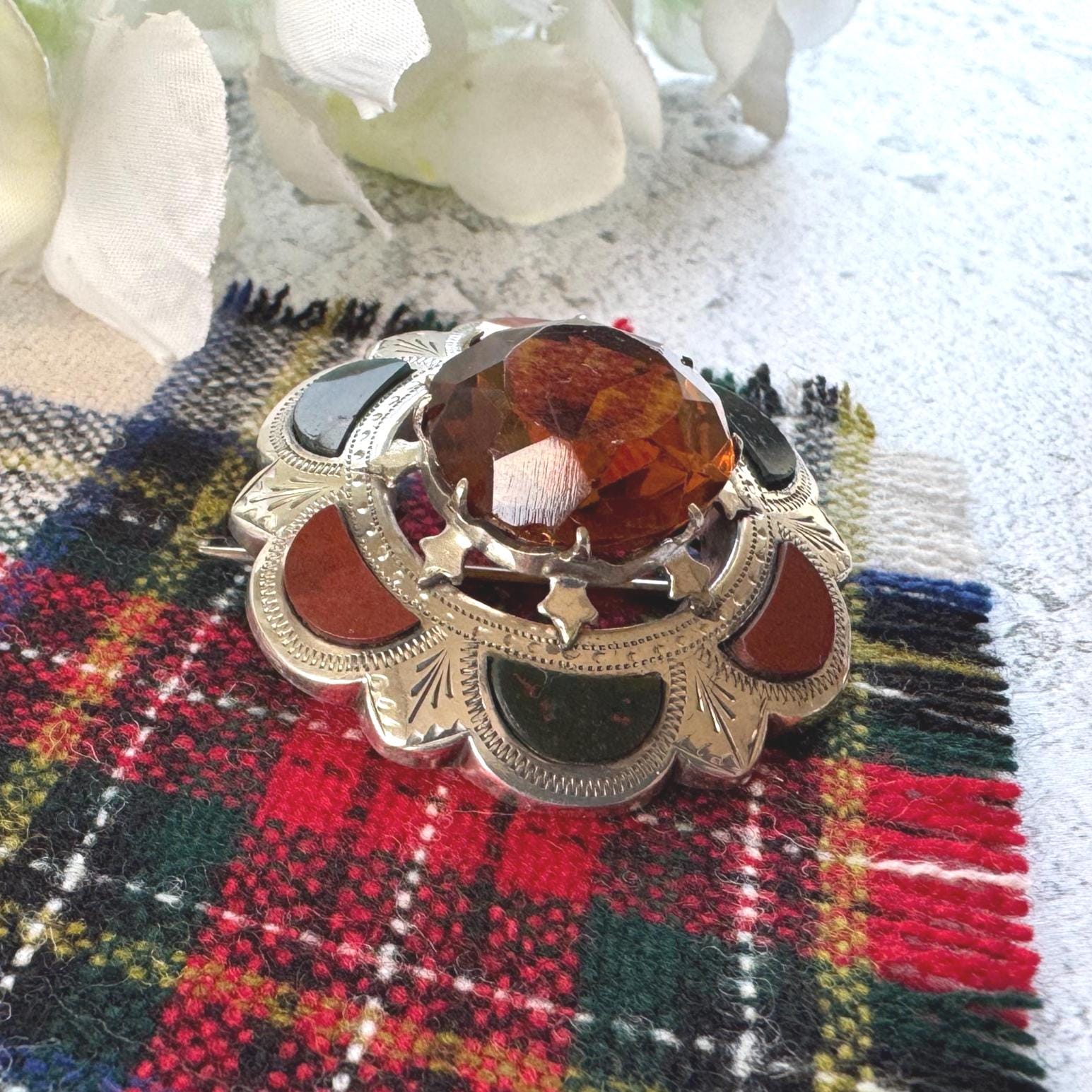 Victorian Scottish Agate & Citrine Brooch: Antique Engraved Sterling Silver Cairngorm Lapel Pin