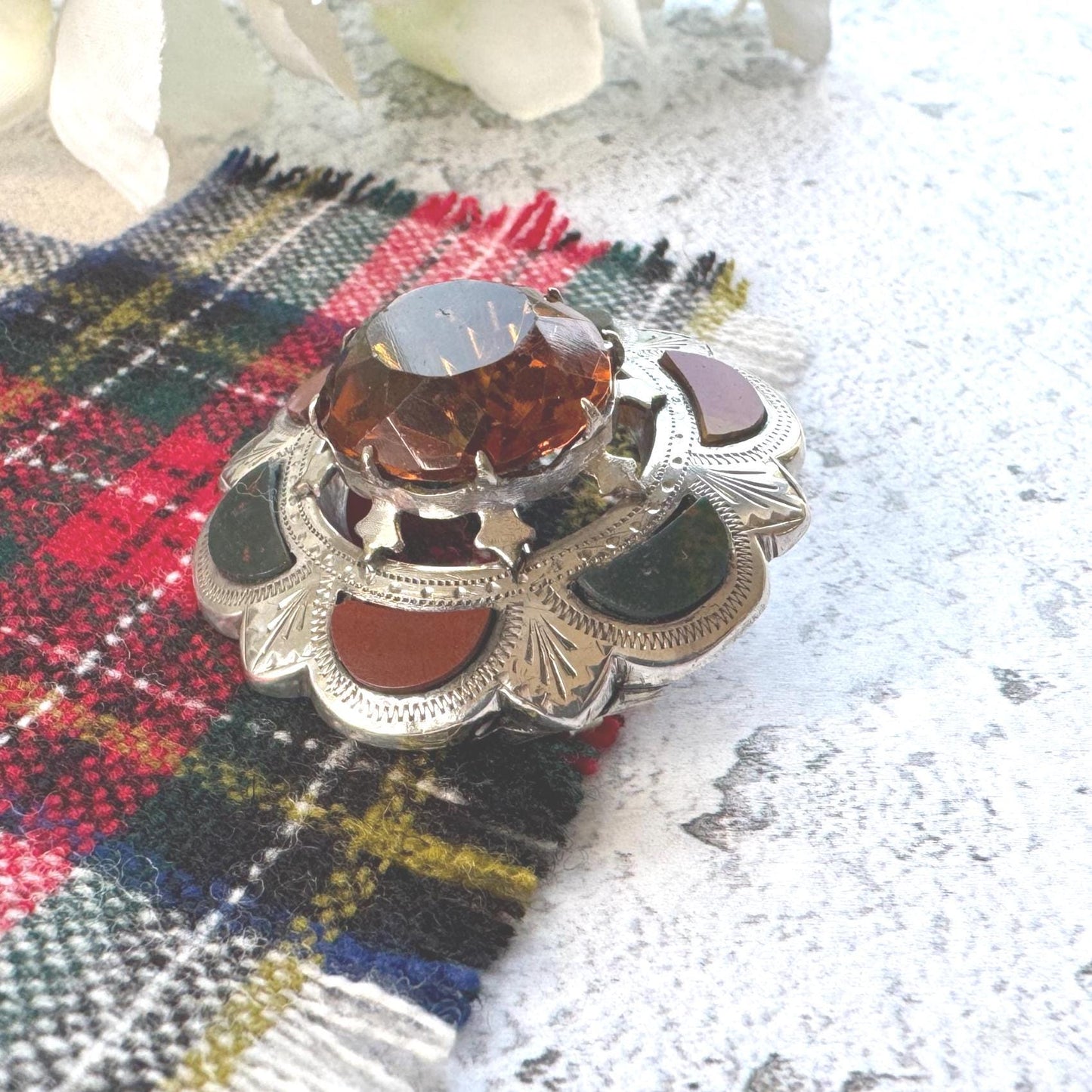 Victorian Scottish Agate & Citrine Brooch: Antique Engraved Sterling Silver Cairngorm Lapel Pin