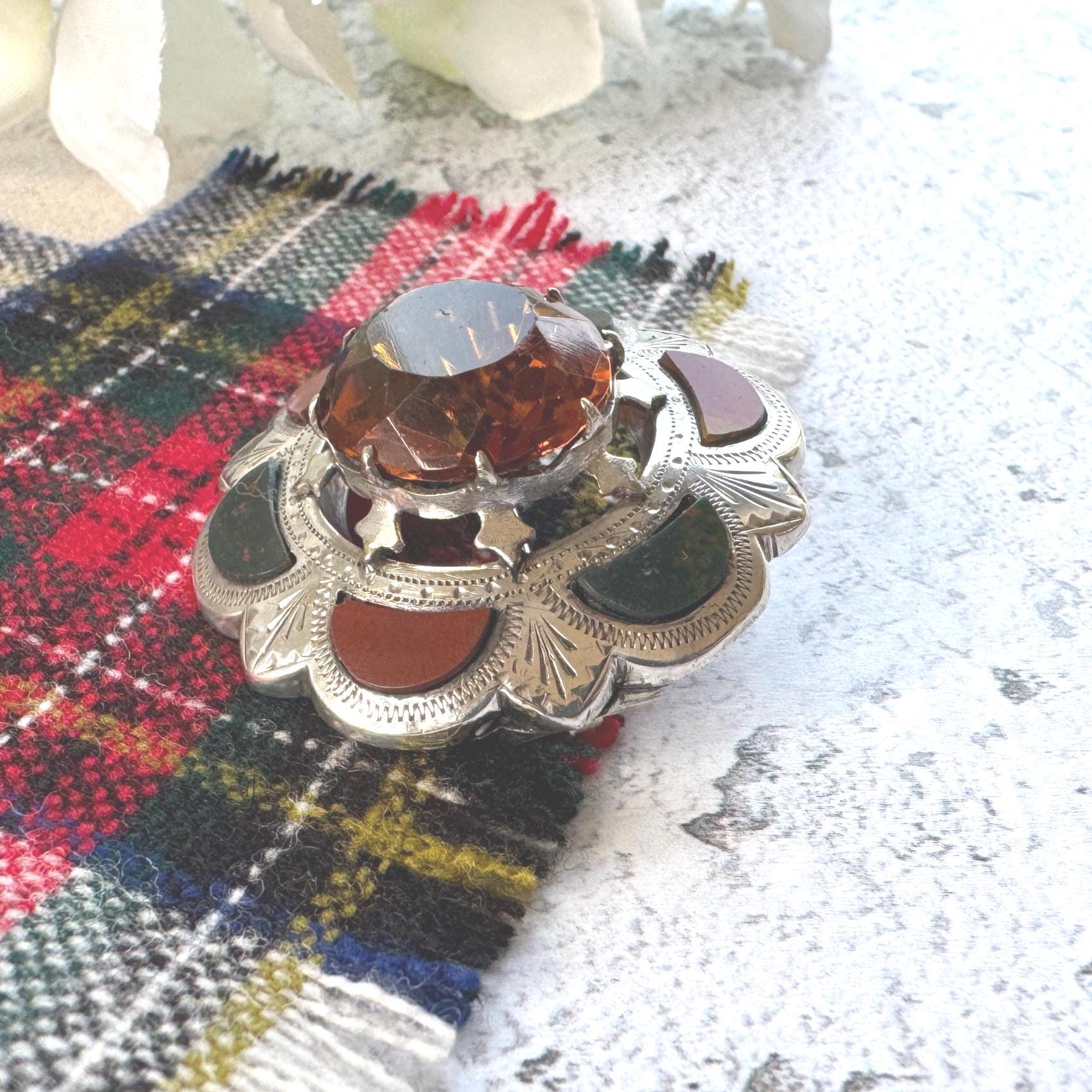 Victorian Scottish Agate & Citrine Brooch: Antique Engraved Sterling Silver Cairngorm Lapel Pin