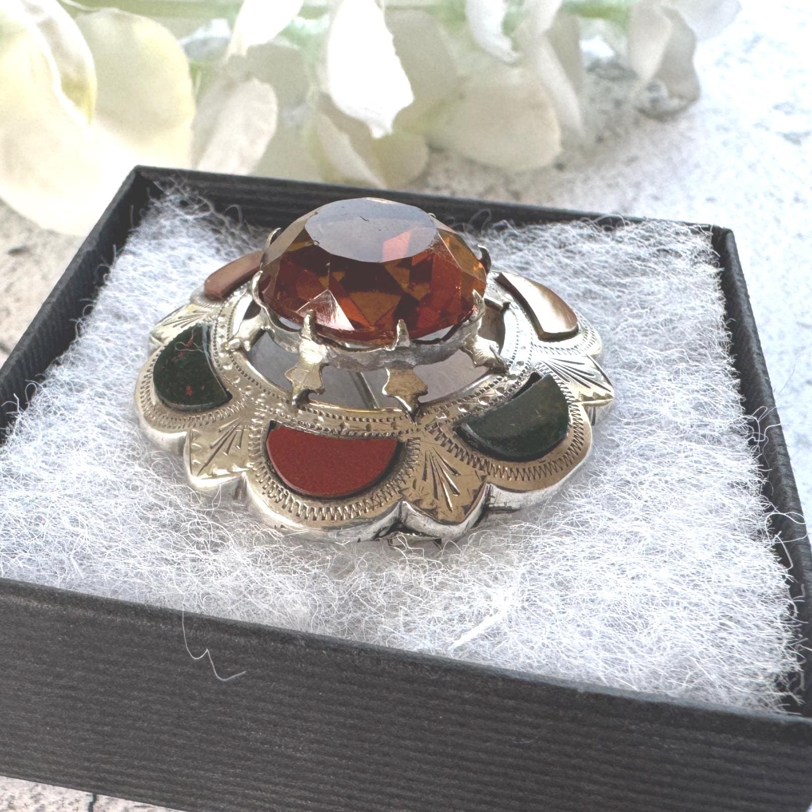 Victorian Scottish Agate & Citrine Brooch: Antique Engraved Sterling Silver Cairngorm Lapel Pin