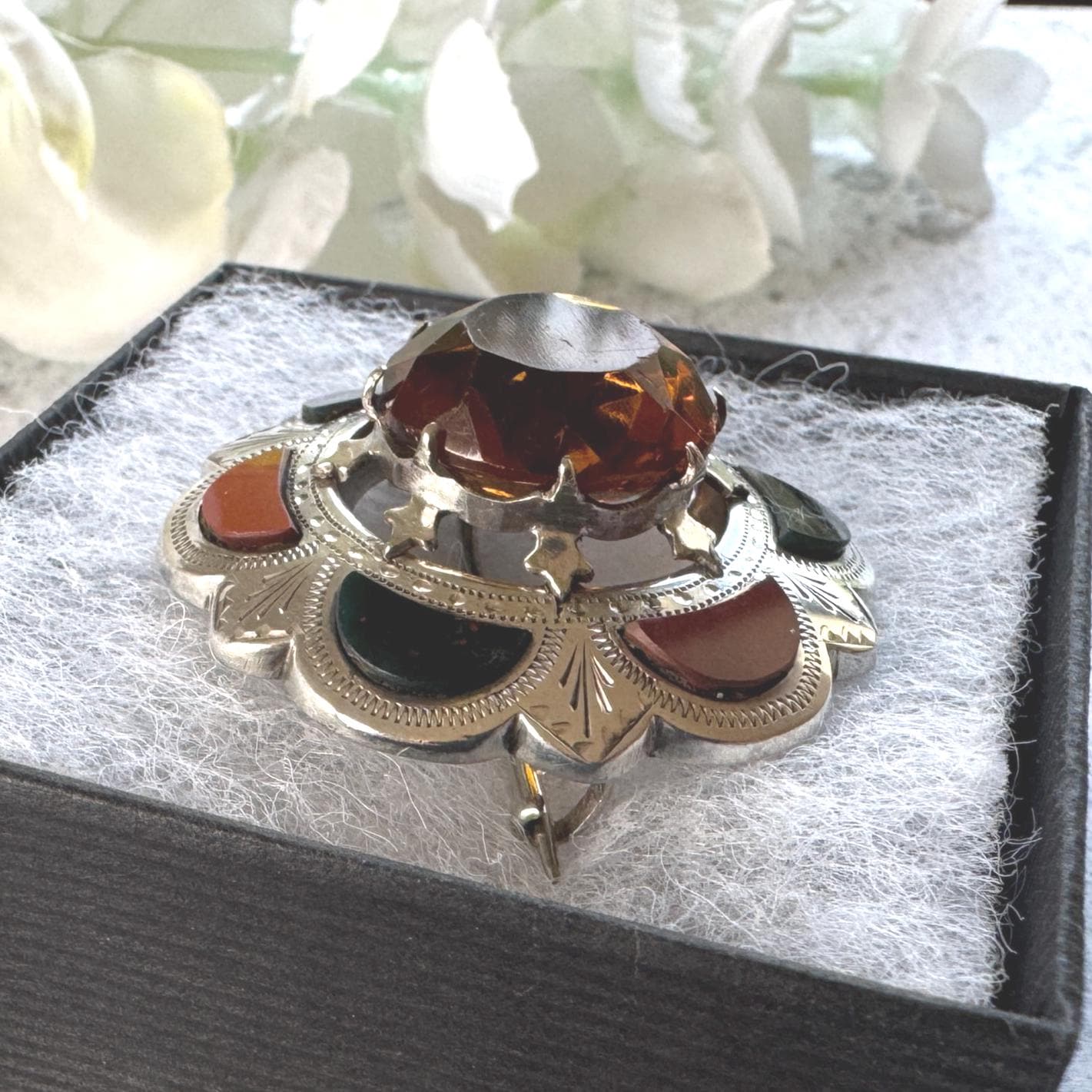 Victorian Scottish Agate & Citrine Brooch: Antique Engraved Sterling Silver Cairngorm Lapel Pin