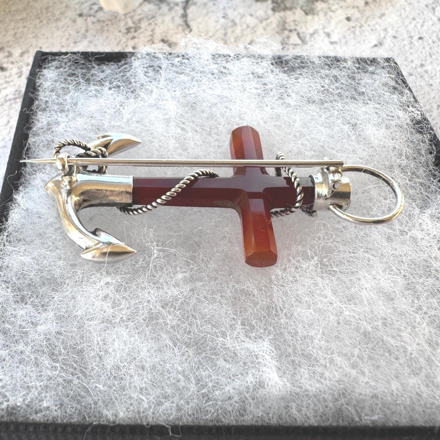 Victorian Scottish Banded Agate Cross & Fouled Anchor Silver Brooch