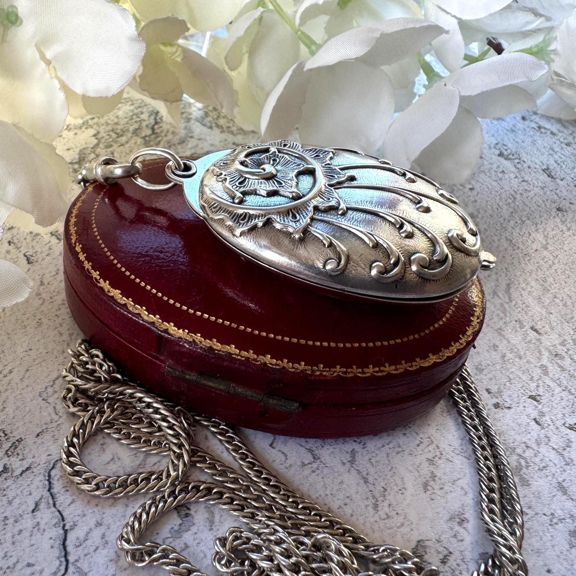 Art Nouveau 800 Silver Mirror Pendant: Antique Jugendstil Deeply Embossed Iris & Whiplash Locket, Germany