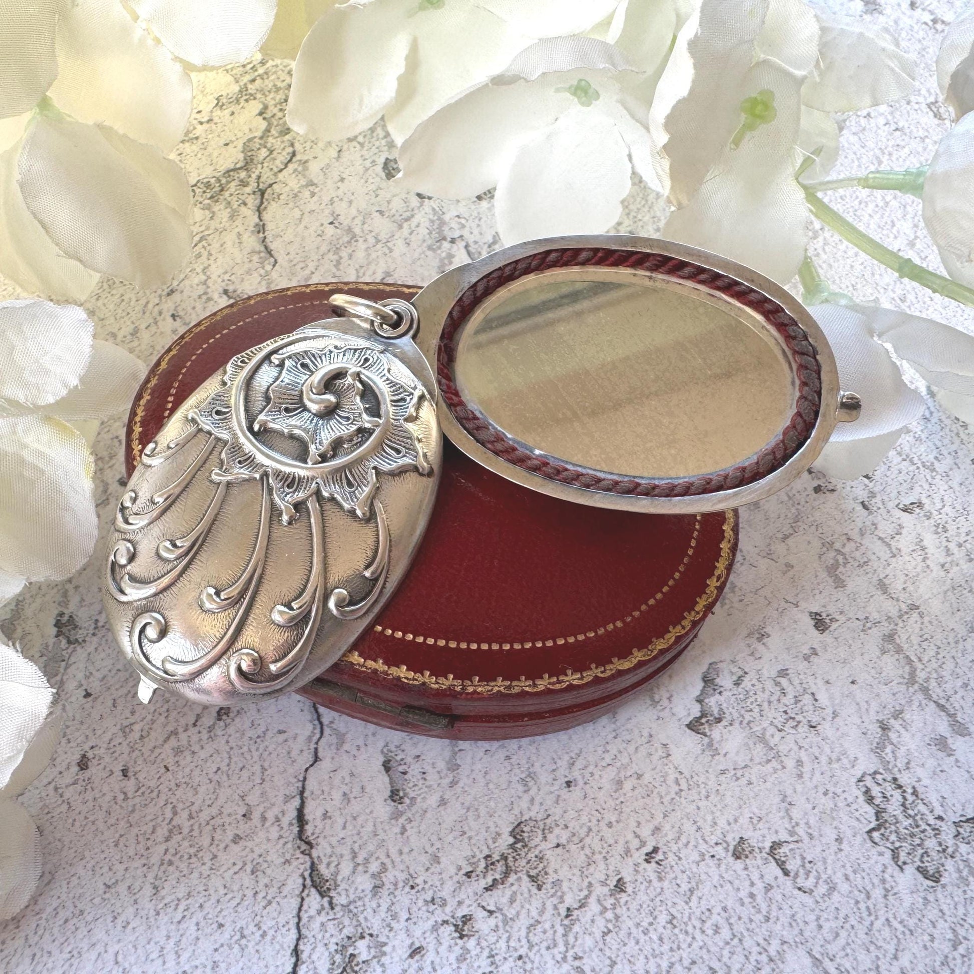 Art Nouveau 800 Silver Mirror Pendant: Antique Jugendstil Deeply Embossed Iris & Whiplash Locket, Germany