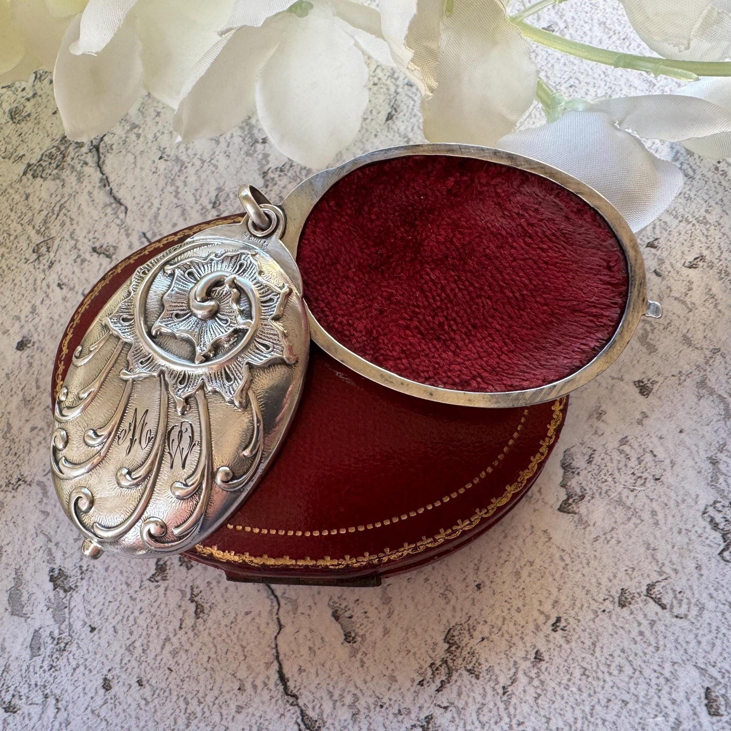 Art Nouveau 800 Silver Mirror Pendant: Antique Jugendstil Deeply Embossed Iris & Whiplash Locket, Germany