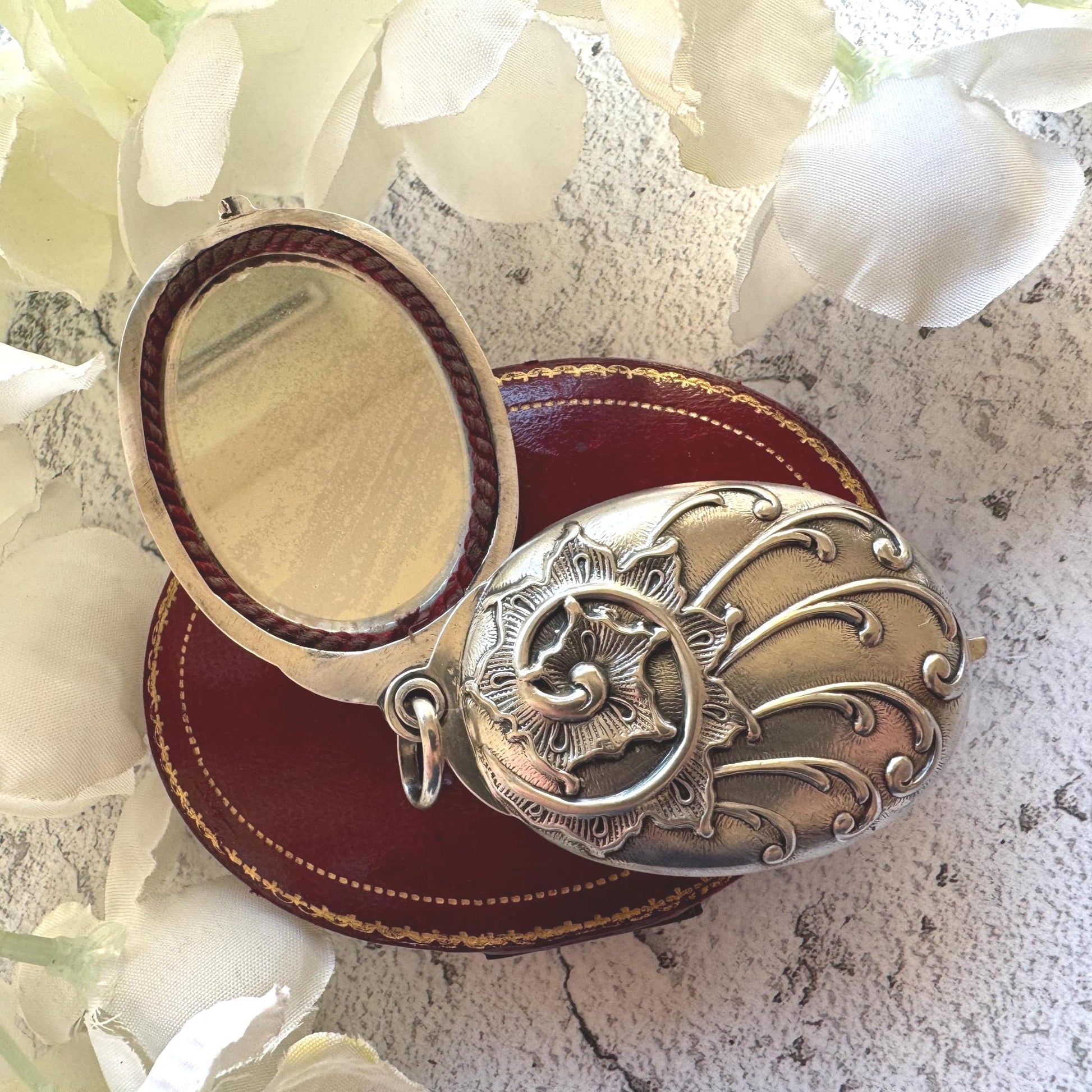 Art Nouveau 800 Silver Mirror Pendant: Antique Jugendstil Deeply Embossed Iris & Whiplash Locket, Germany