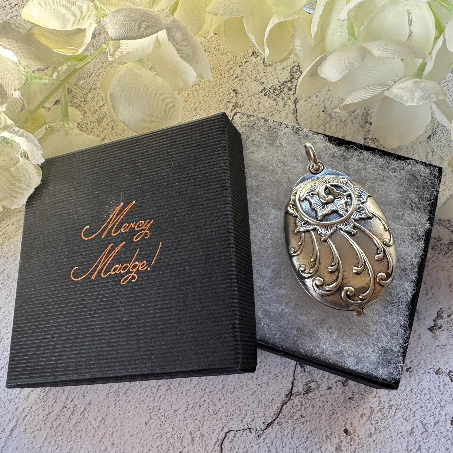 Art Nouveau 800 Silver Mirror Pendant: Antique Jugendstil Deeply Embossed Iris & Whiplash Locket, Germany