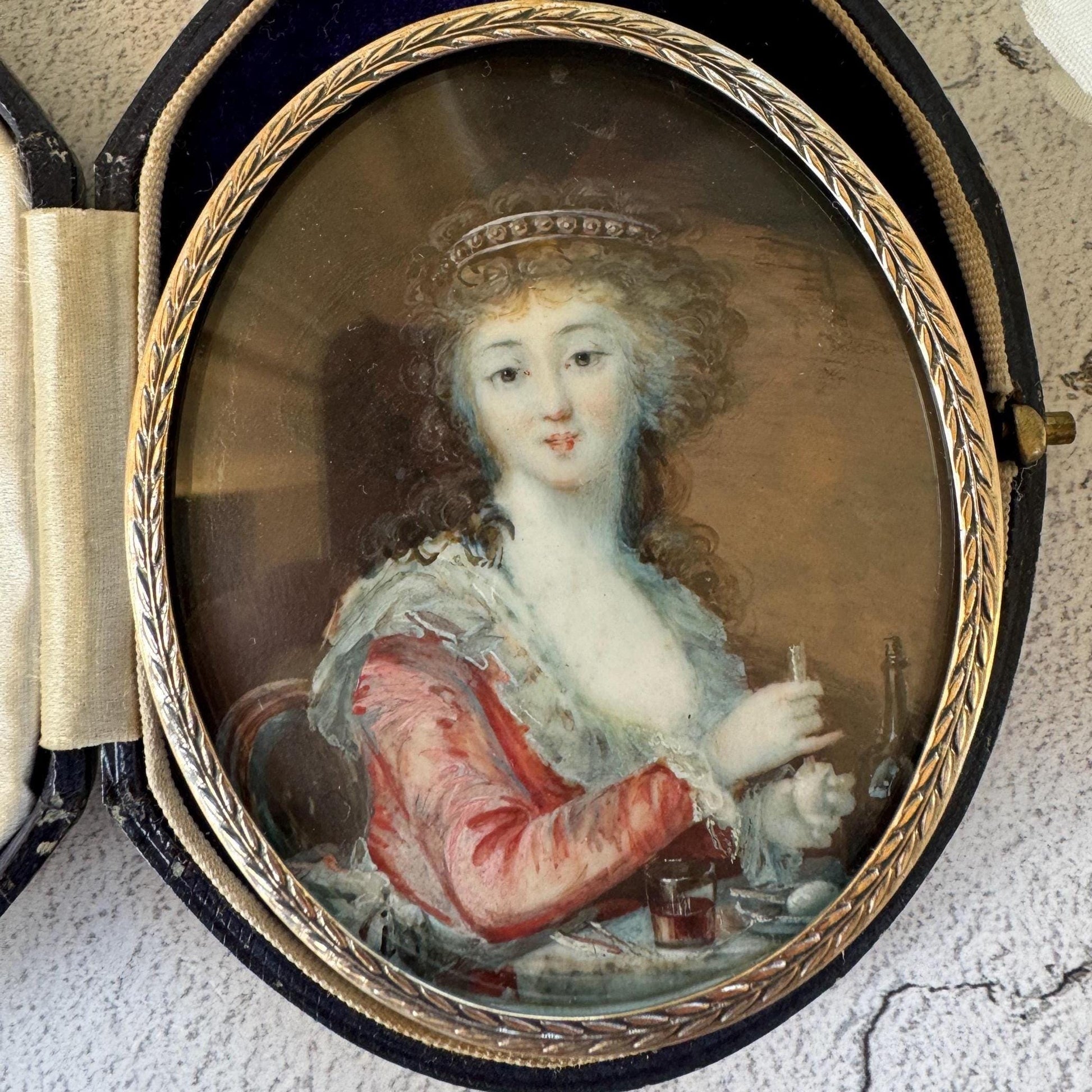 Antique Georgian Portrait Miniature Pendant: 18th Century Portrait Of A Lady Preparing A Drink