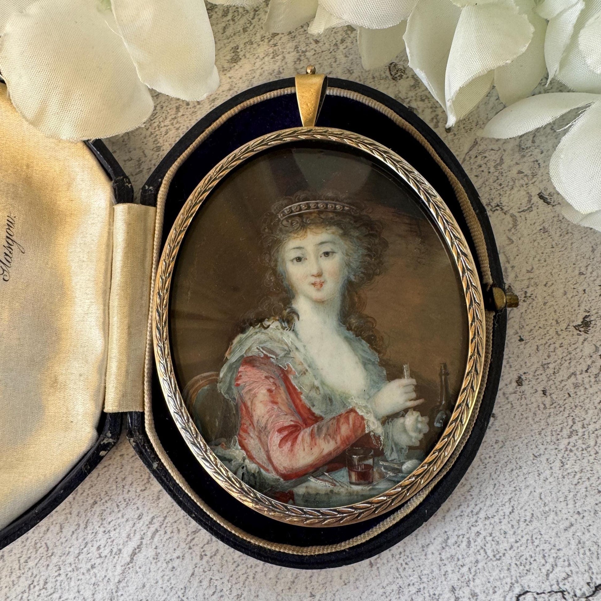 Antique Georgian Portrait Miniature Pendant: 18th Century Portrait Of A Lady Preparing A Drink