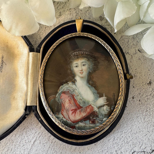 Antique Georgian Portrait Miniature Pendant: 18th Century Portrait Of A Lady Preparing A Drink