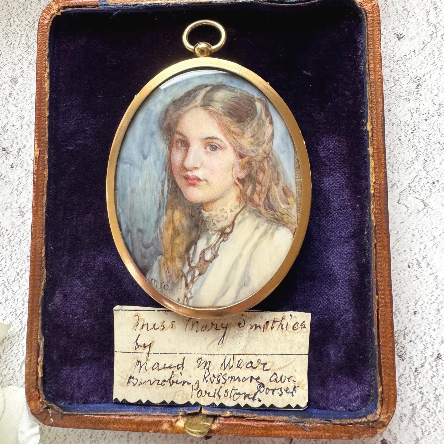 Rare Edwardian Portrait Miniature Pendant by MAUD MARION WEAR: Antique Rolled Gold Locket Frame, Boxed