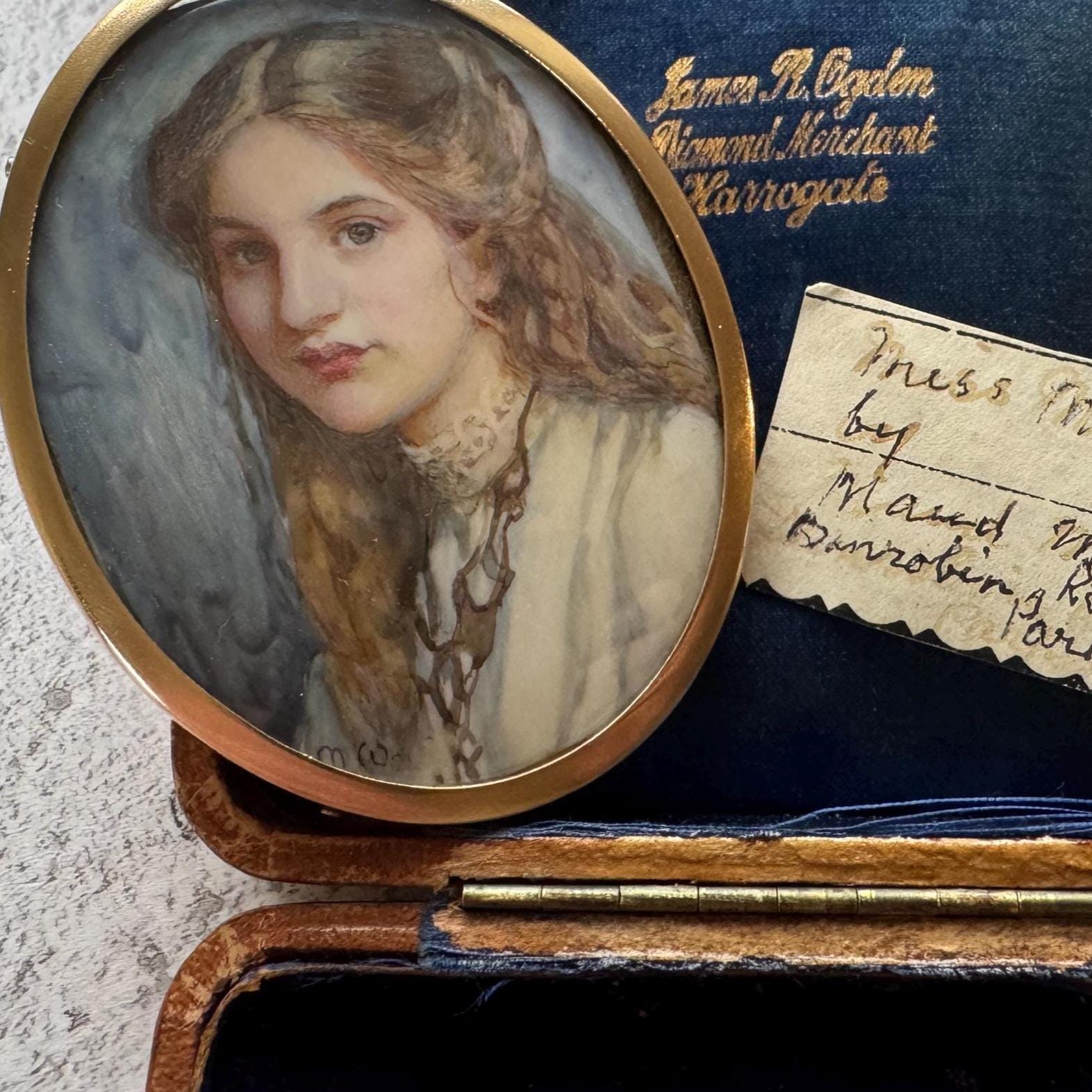 Rare Edwardian Portrait Miniature Pendant by MAUD MARION WEAR: Antique Rolled Gold Locket Frame, Boxed