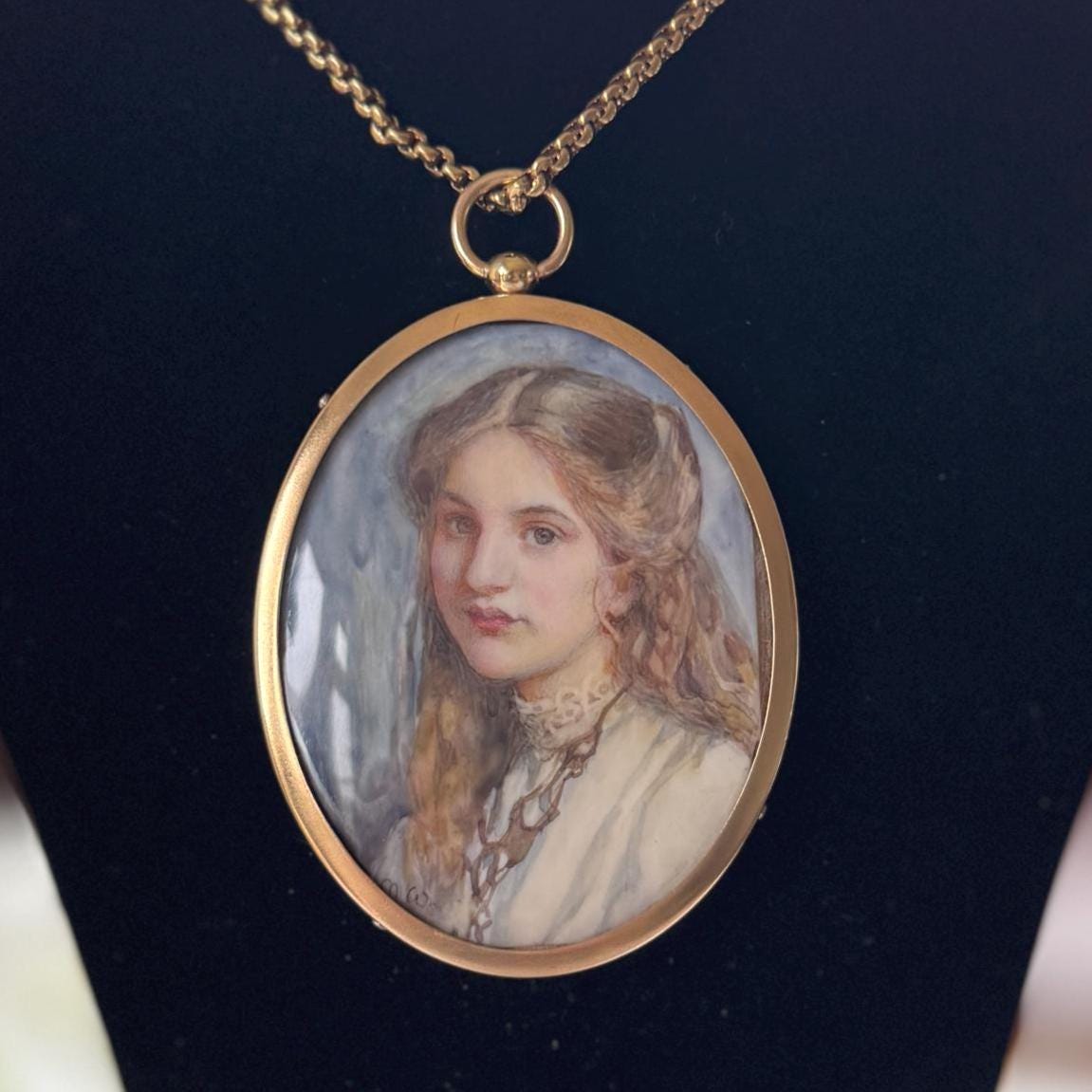 Rare Edwardian Portrait Miniature Pendant by MAUD MARION WEAR: Antique Rolled Gold Locket Frame, Boxed