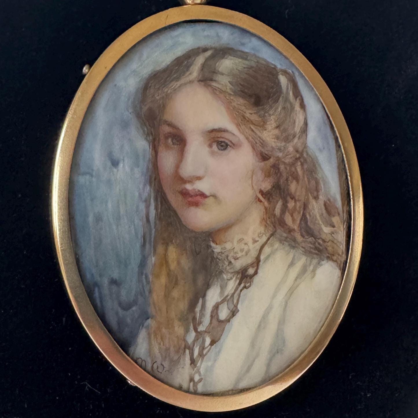 Rare Edwardian Portrait Miniature Pendant by MAUD MARION WEAR: Antique Rolled Gold Locket Frame, Boxed