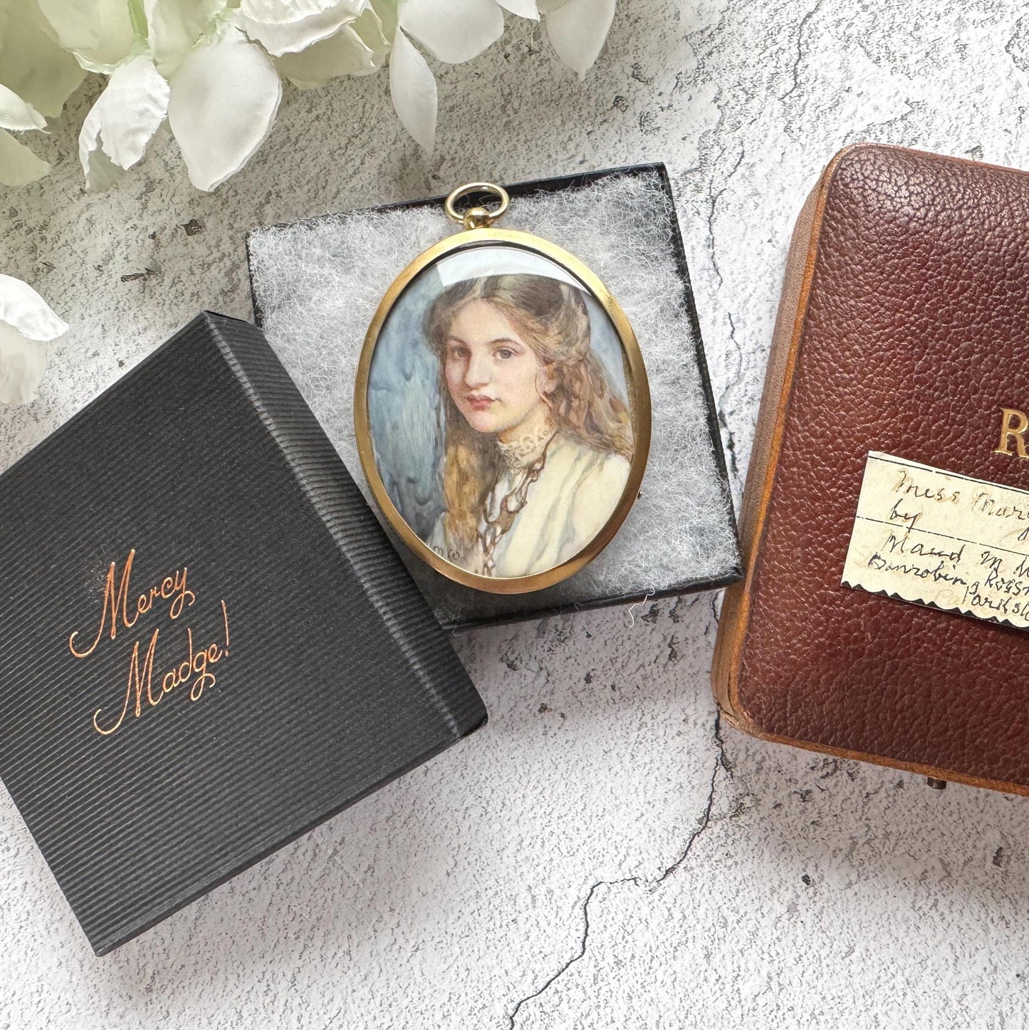Rare Edwardian Portrait Miniature Pendant by MAUD MARION WEAR: Antique Rolled Gold Locket Frame, Boxed