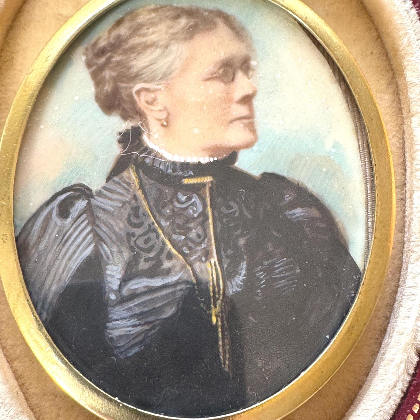 Antique Rolled Gold Portrait Miniature Pendant: Hand-Painted Victorian Lady In Mourning Dress