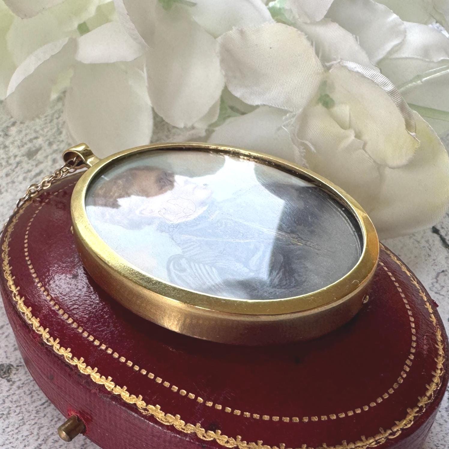 Antique Rolled Gold Portrait Miniature Pendant: Hand-Painted Victorian Lady In Mourning Dress