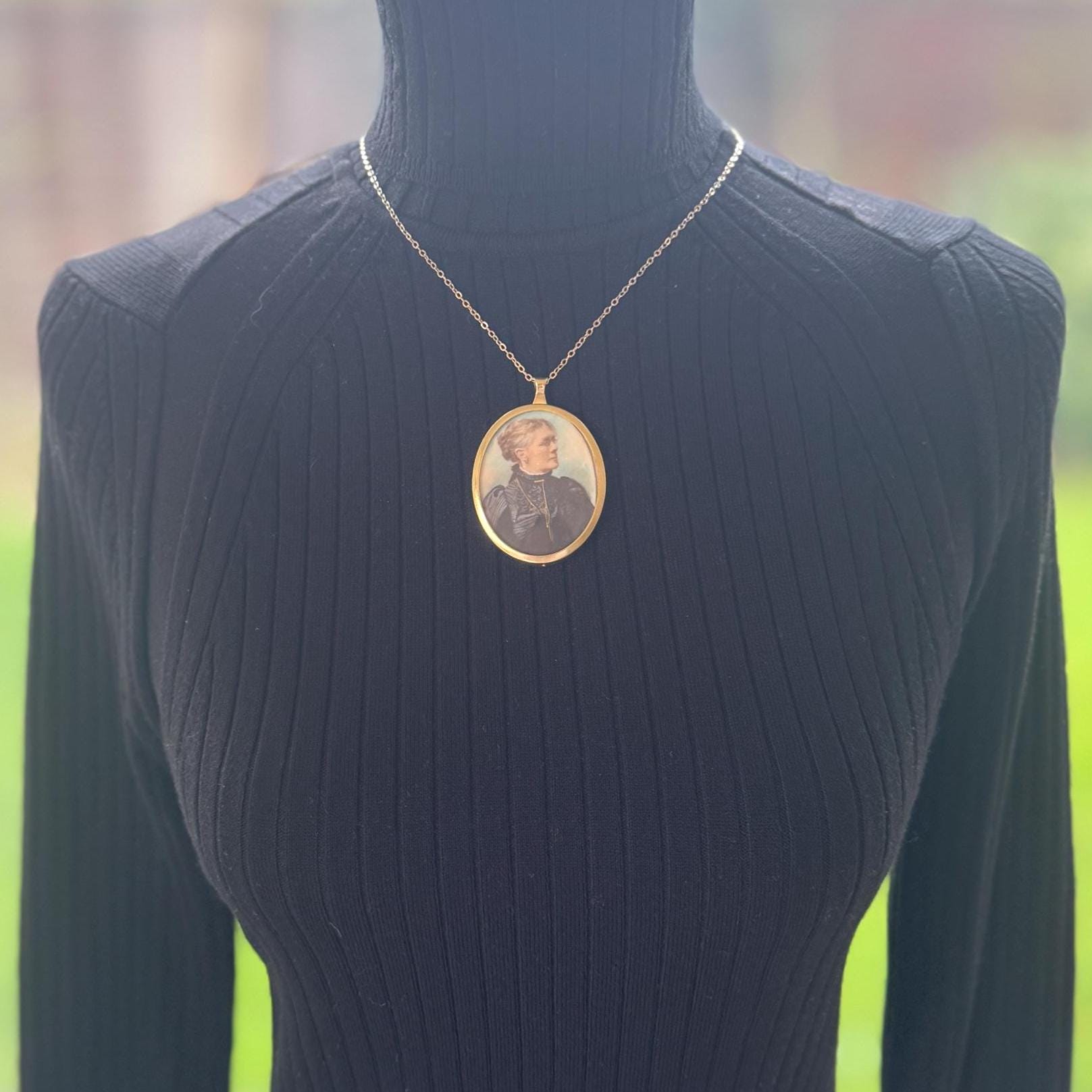 Antique Rolled Gold Portrait Miniature Pendant: Hand-Painted Victorian Lady In Mourning Dress