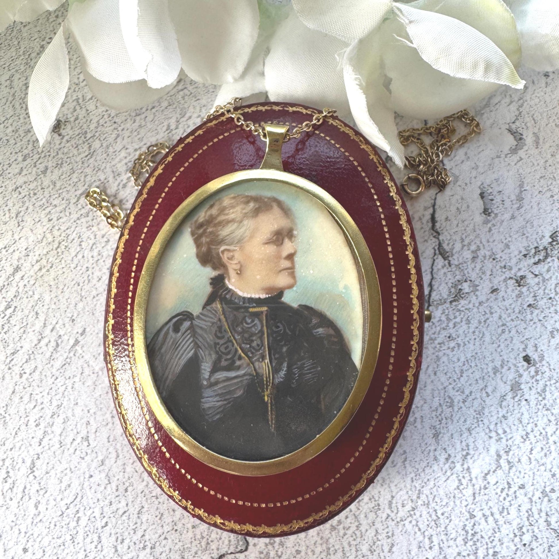 Antique Rolled Gold Portrait Miniature Pendant: Hand-Painted Victorian Lady In Mourning Dress