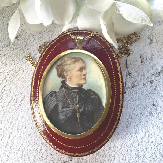 Antique Rolled Gold Portrait Miniature Pendant: Hand-Painted Victorian Lady In Mourning Dress