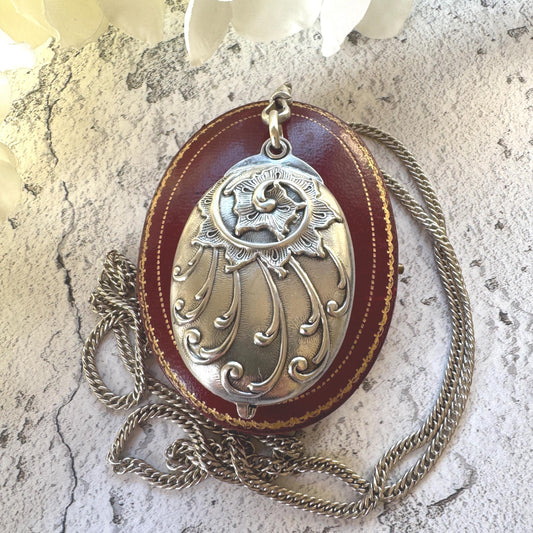 Art Nouveau 800 Silver Mirror Pendant: Antique Jugendstil Deeply Embossed Iris & Whiplash Locket, Germany