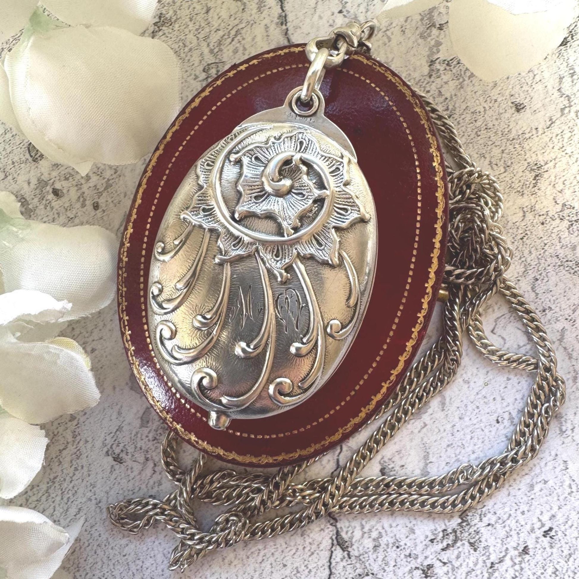 Art Nouveau 800 Silver Mirror Pendant: Antique Jugendstil Deeply Embossed Iris & Whiplash Locket, Germany