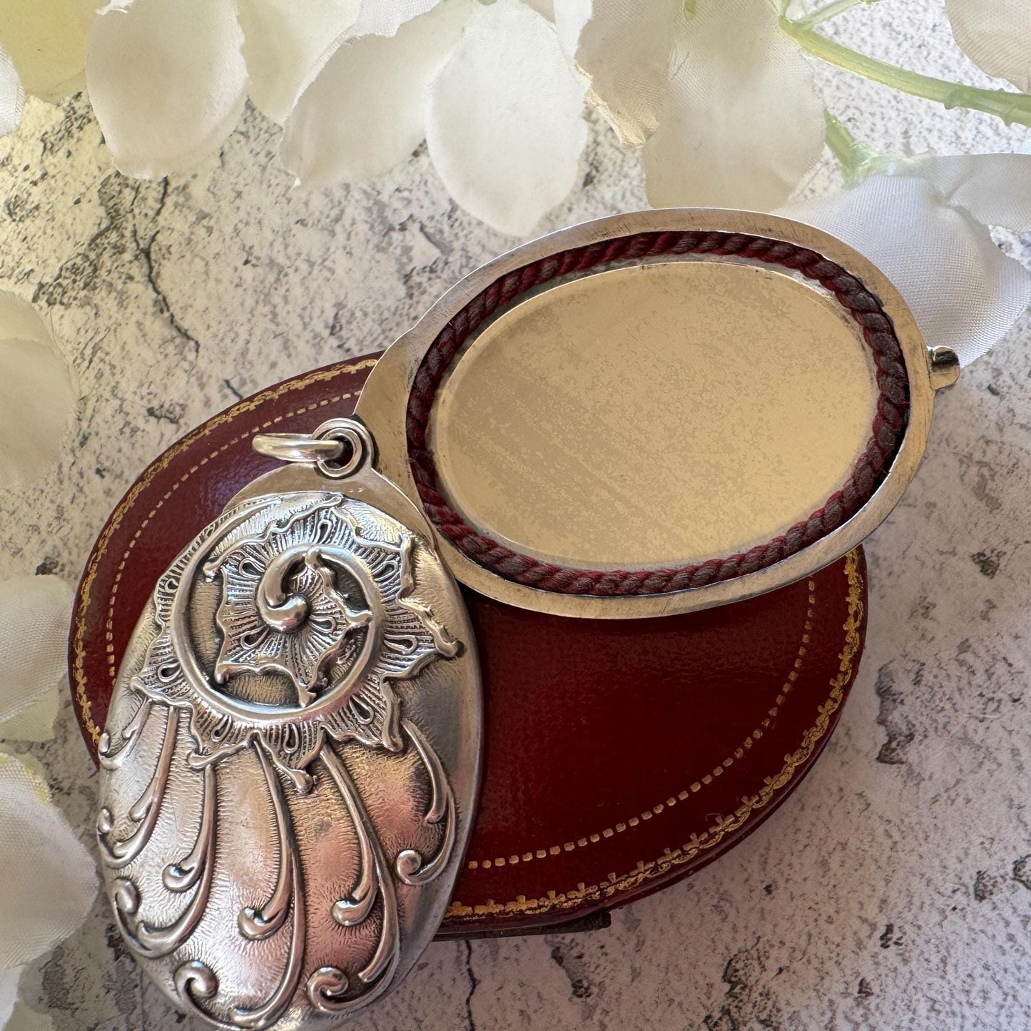 Art Nouveau 800 Silver Mirror Pendant: Antique Jugendstil Deeply Embossed Iris & Whiplash Locket, Germany