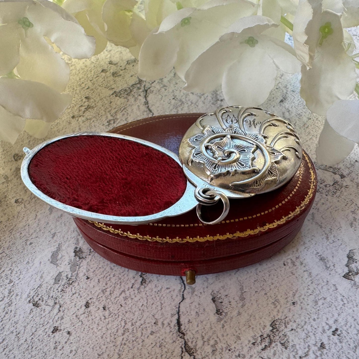 Art Nouveau 800 Silver Mirror Pendant: Antique Jugendstil Deeply Embossed Iris & Whiplash Locket, Germany