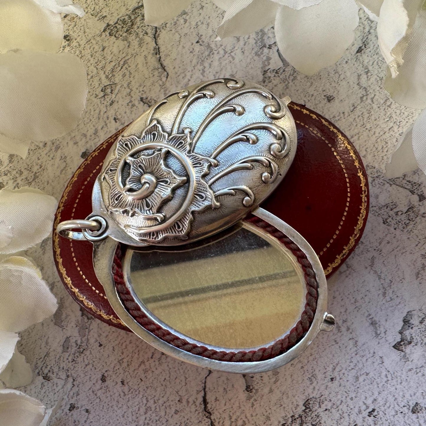 Art Nouveau 800 Silver Mirror Pendant: Antique Jugendstil Deeply Embossed Iris & Whiplash Locket, Germany