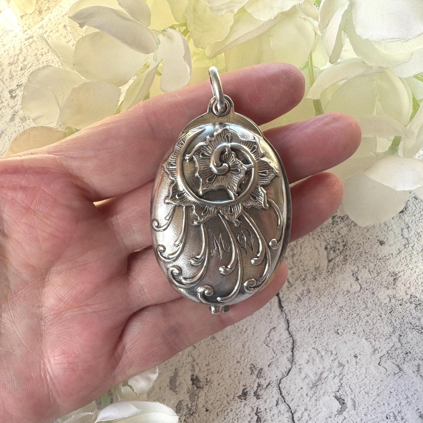 Art Nouveau 800 Silver Mirror Pendant: Antique Jugendstil Deeply Embossed Iris & Whiplash Locket, Germany