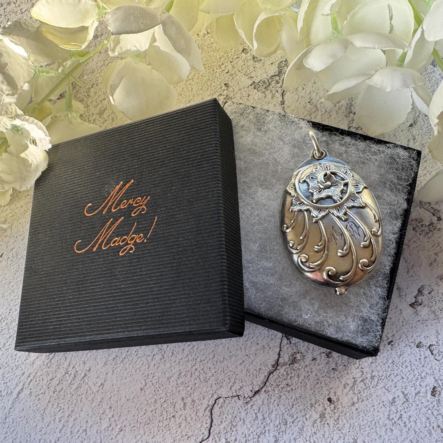 Art Nouveau 800 Silver Mirror Pendant: Antique Jugendstil Deeply Embossed Iris & Whiplash Locket, Germany