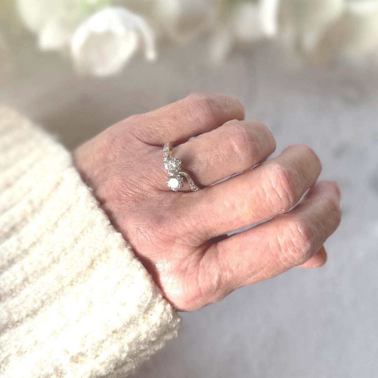 Vintage 9ct Gold Toi Et Moi White Zircon Bypass Ring