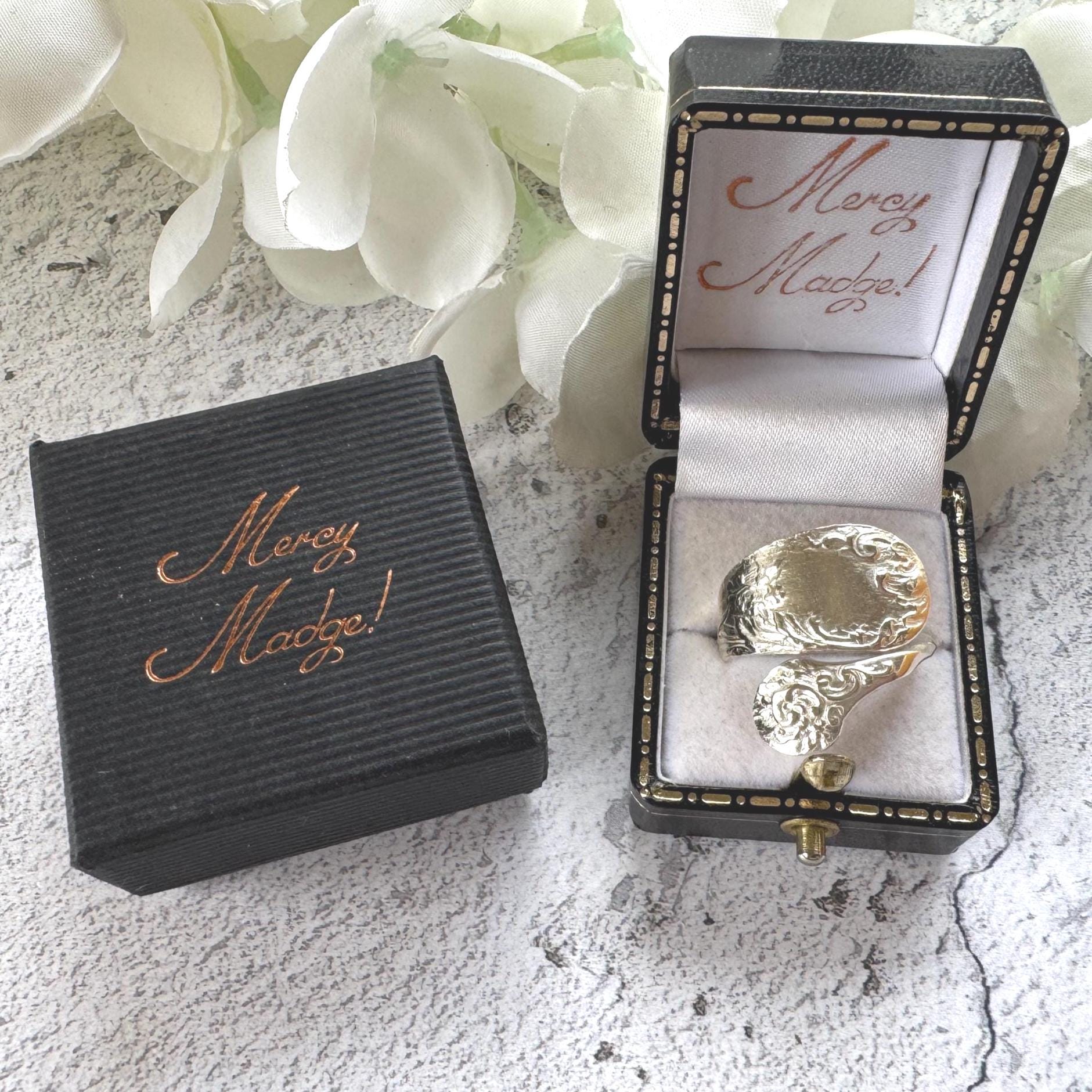 Edwardian 800 Silver Spoon Ring: Adjustable Antique Art Nouveau Floral Wrap Snake Ring